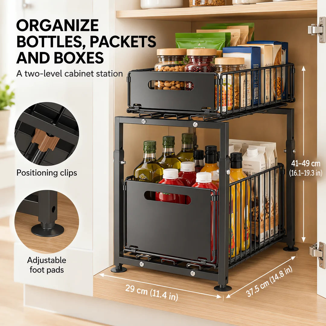 Adjustable Height Under Sink Storage Rack For Kitchen Cabinet Organization