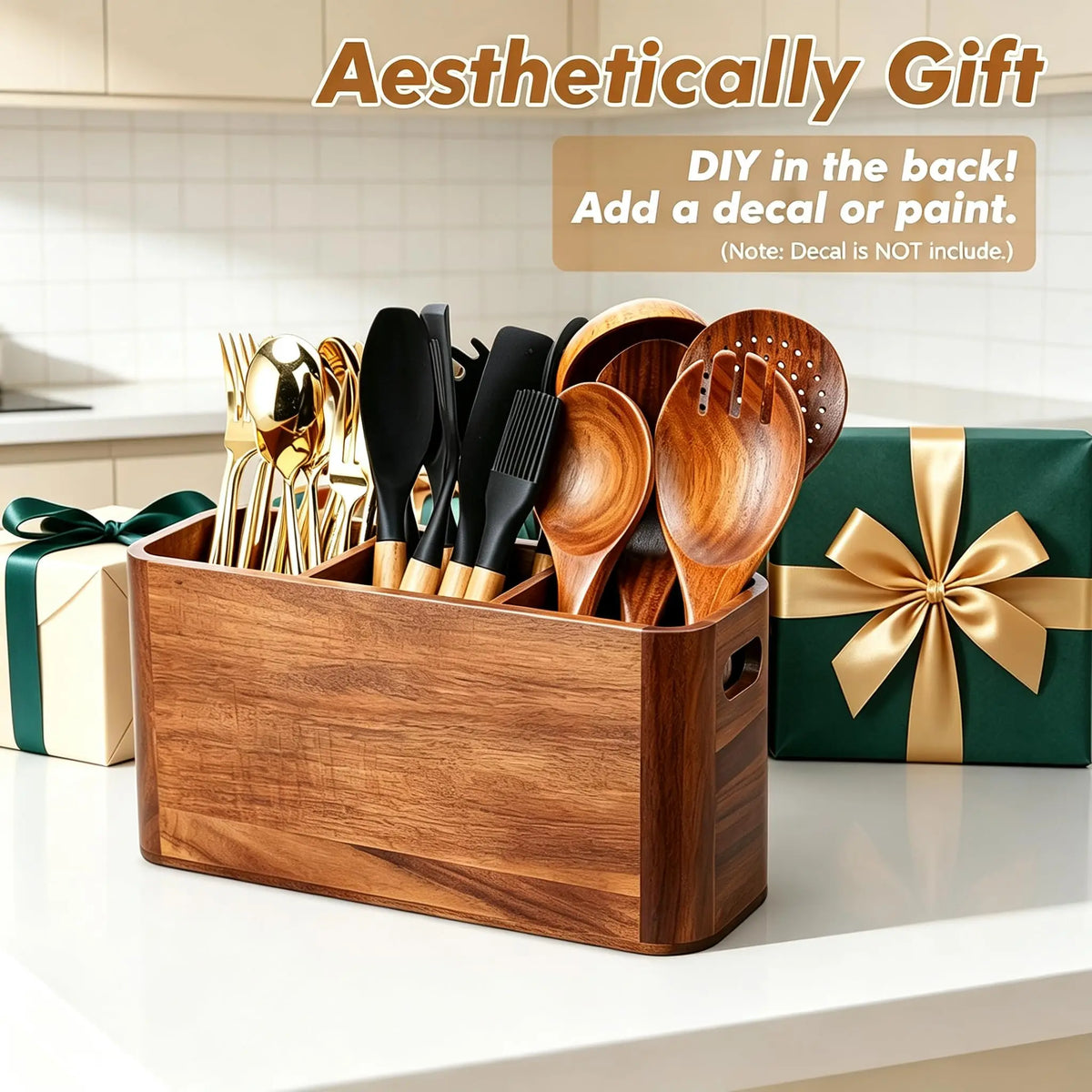 Wooden Kitchen Utensil Holder Four Compartment Counter Organizer