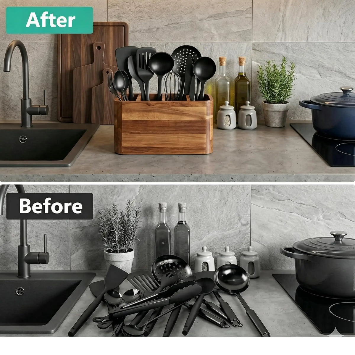 Wooden Kitchen Utensil Holder Four Compartment Counter Organizer
