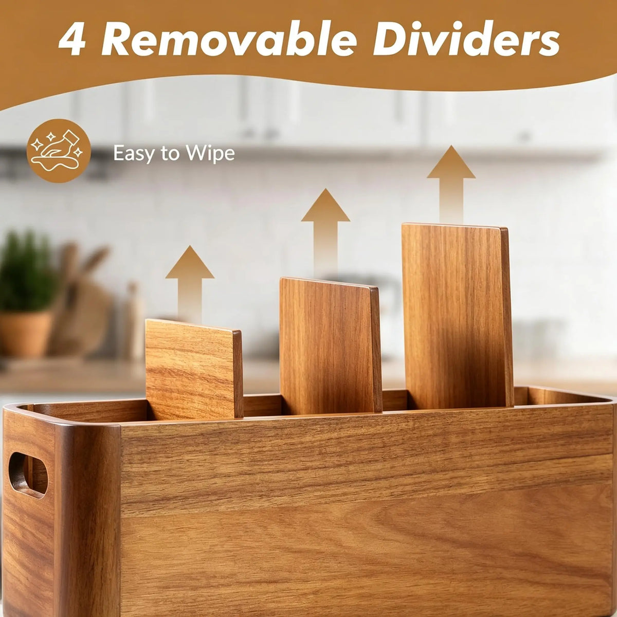 Wooden Kitchen Utensil Holder Four Compartment Counter Organizer