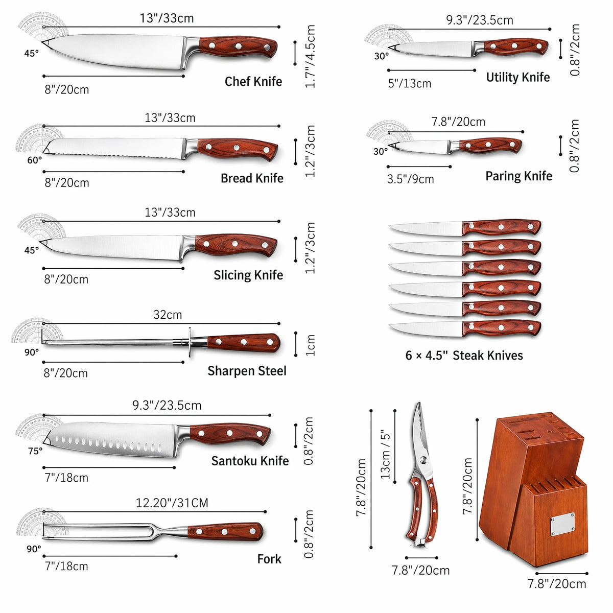 Complete Kitchen Knife Set With Wooden Block And Sharpener