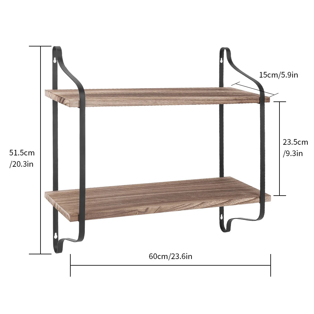 Rustic Industrial Pipe Wall Mounted Wooden Storage Floating Shelf