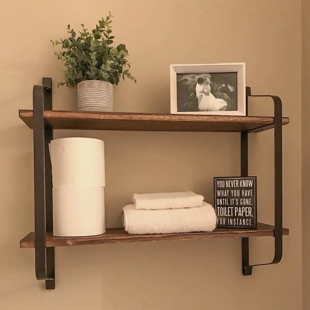 Rustic Industrial Pipe Wall Mounted Wooden Storage Floating Shelf