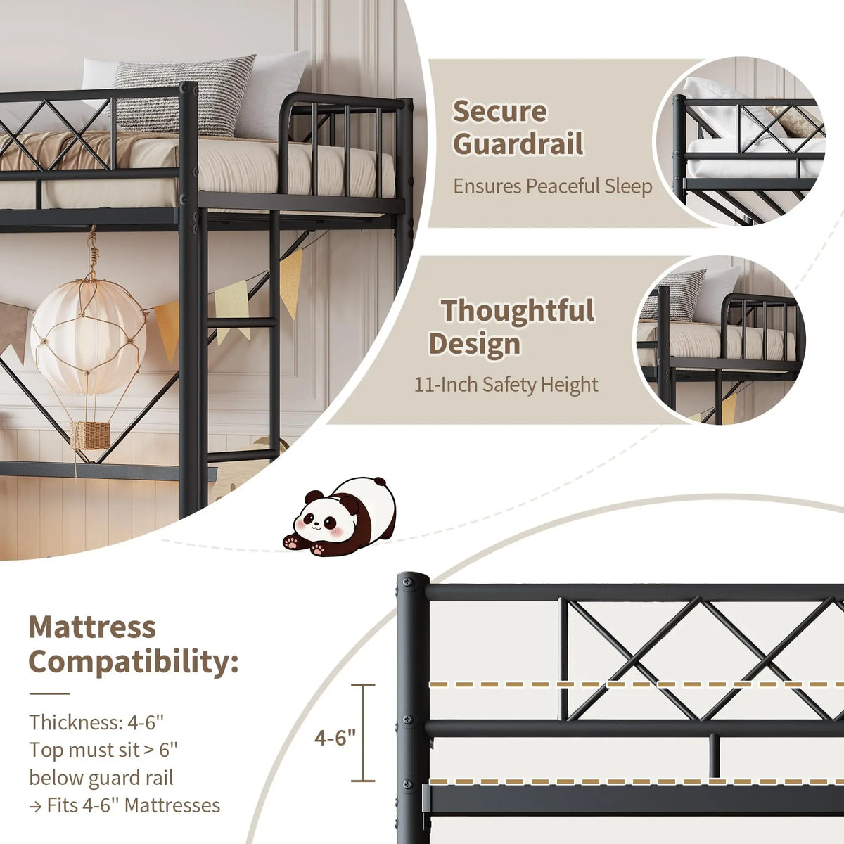 HiMISS Metal Loft Bed Frame With Arched Guardrail Steel Slats