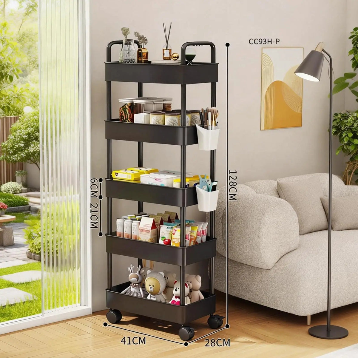 5 Tier Plastic Rolling Storage Cart With Handle For Kitchen