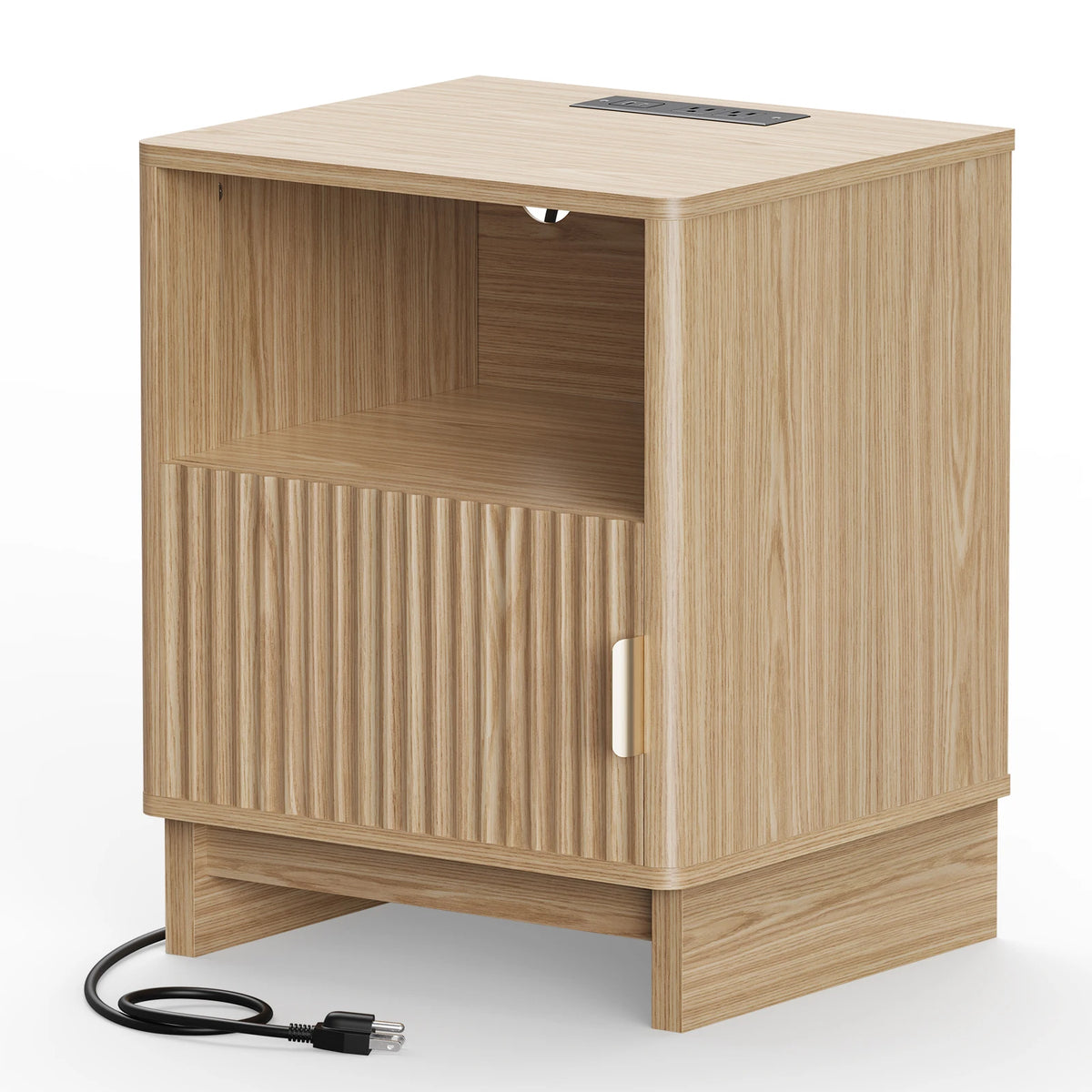 TinyNest Fluted Wood Nightstand With Charging Station
