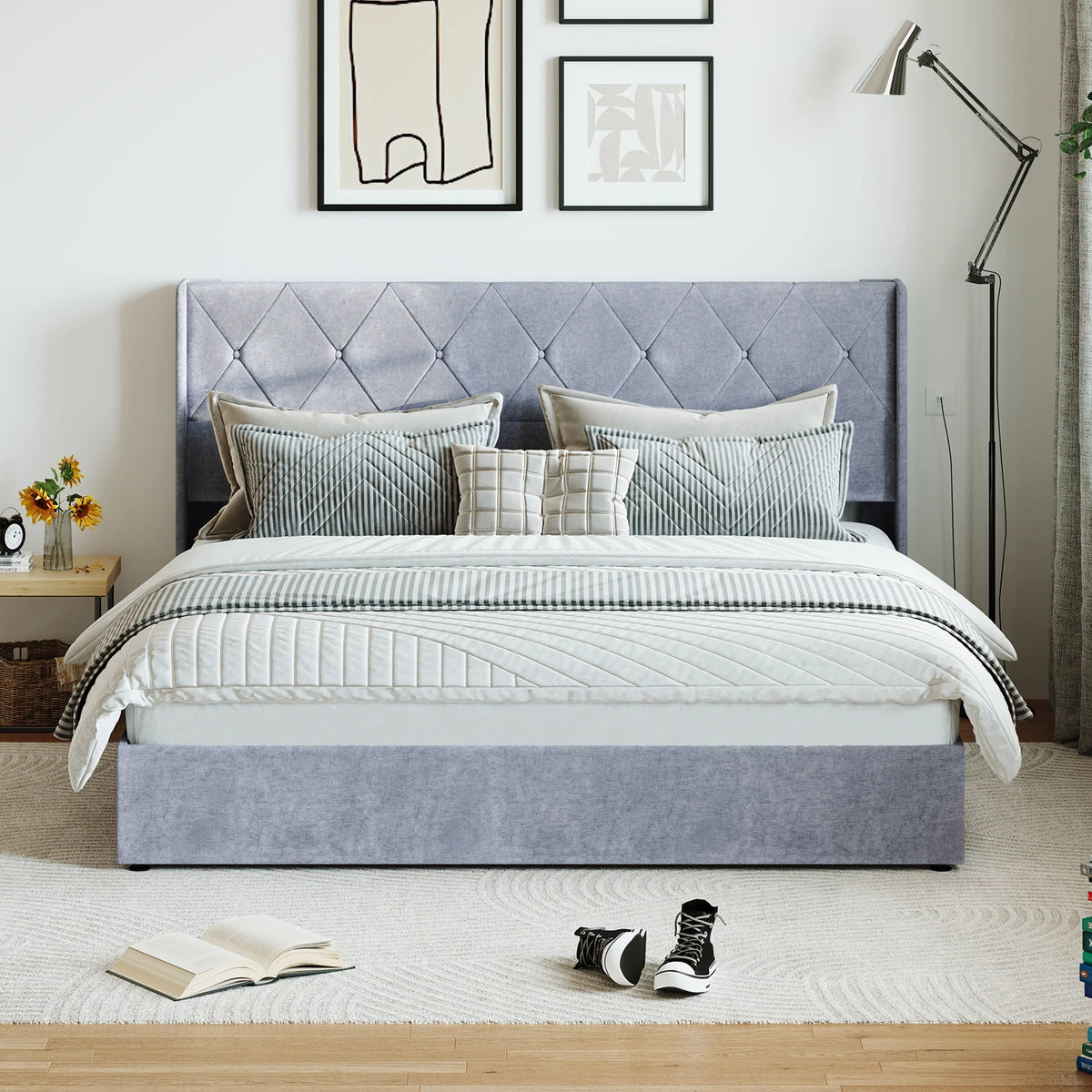JHK Modern Hydraulic Storage Bed Frame With Wingback Headboard