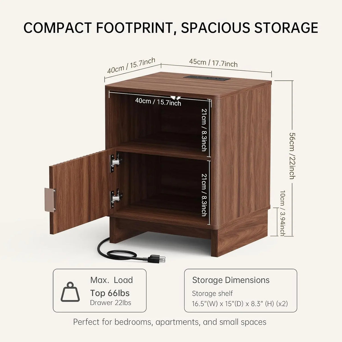 TinyNest Fluted Wood Nightstand With Charging Station