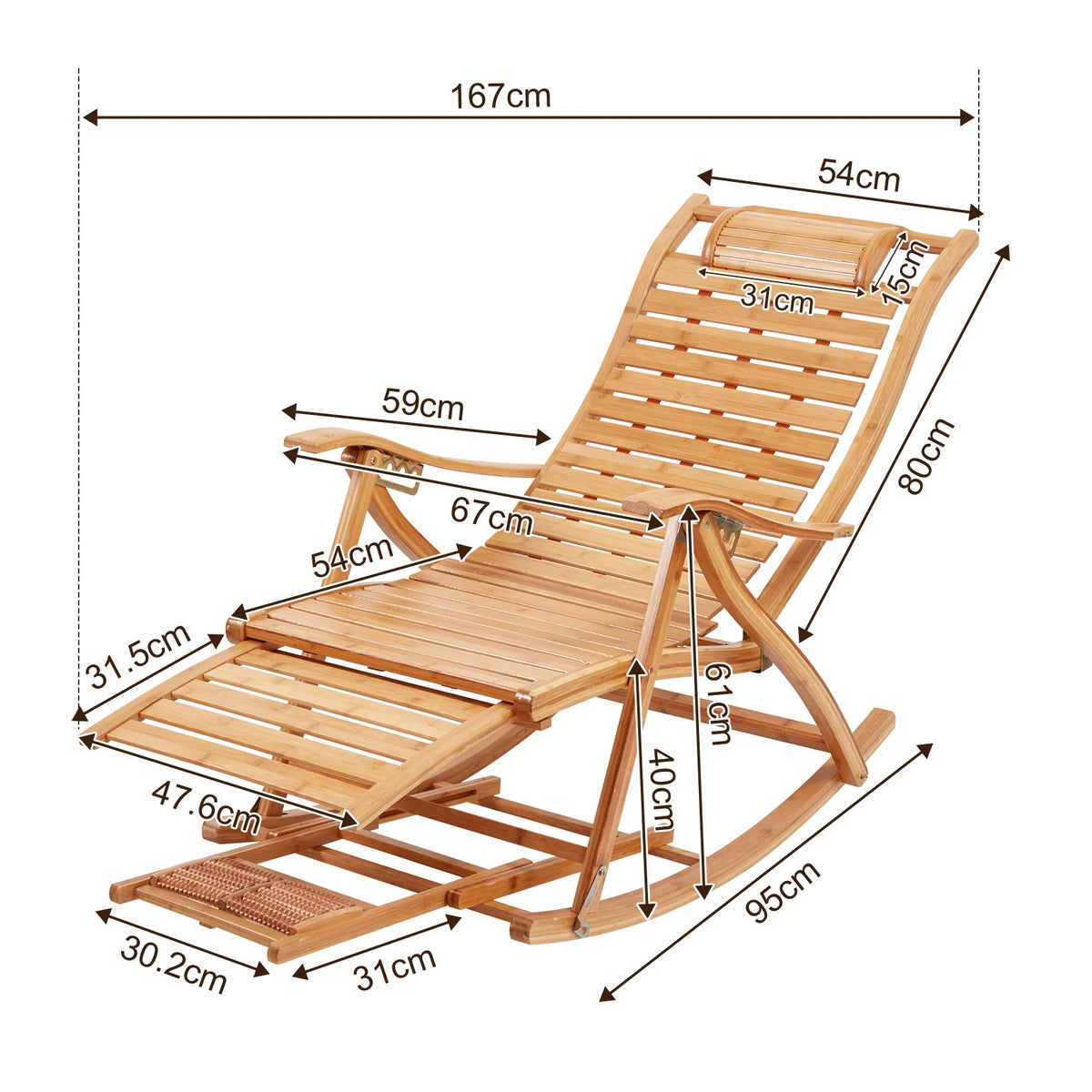 Bamboo Folding Rocking Chair Adjustable Sun Lounger for Indoor Outdoor Living
