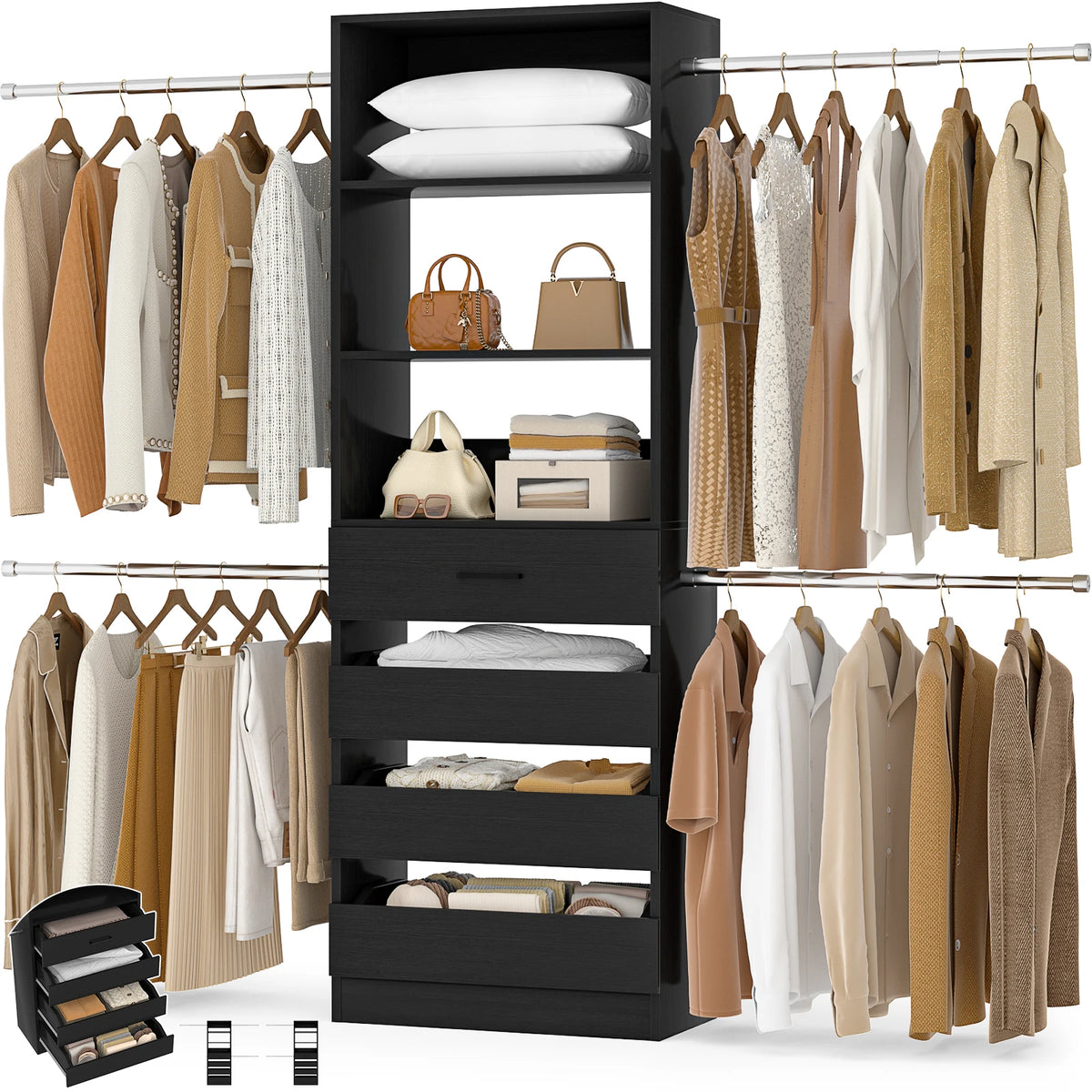 Aheaplus Modern Four Drawer Closet Organizer With Hanging Rods
