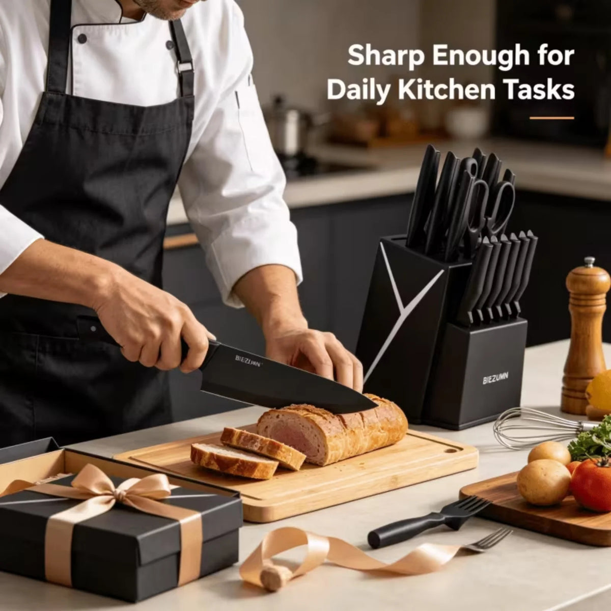 15 Piece Stainless Steel Kitchen Knife Set With Integrated Sharpener