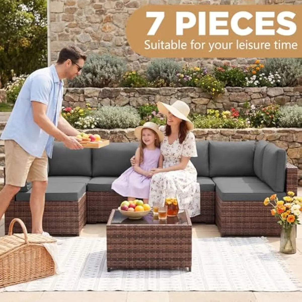 Modern Outdoor PE Rattan Sectional Set Glass Table Removable Cushions