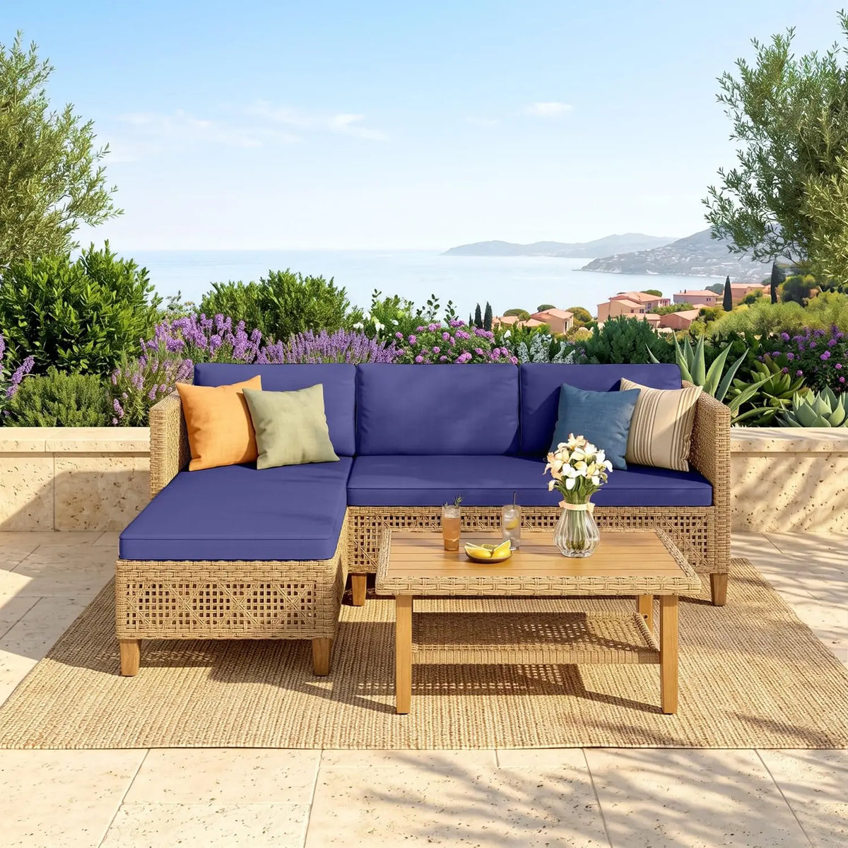 Outdoor Rattan Sectional Patio Sofa Set With Wood Frame