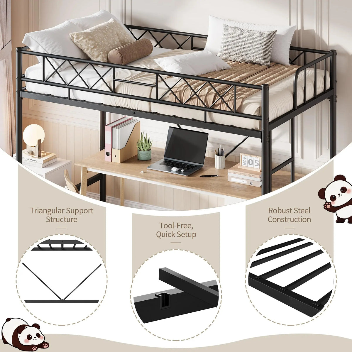 HiMISS Metal Loft Bed Frame With Arched Guardrail Steel Slats