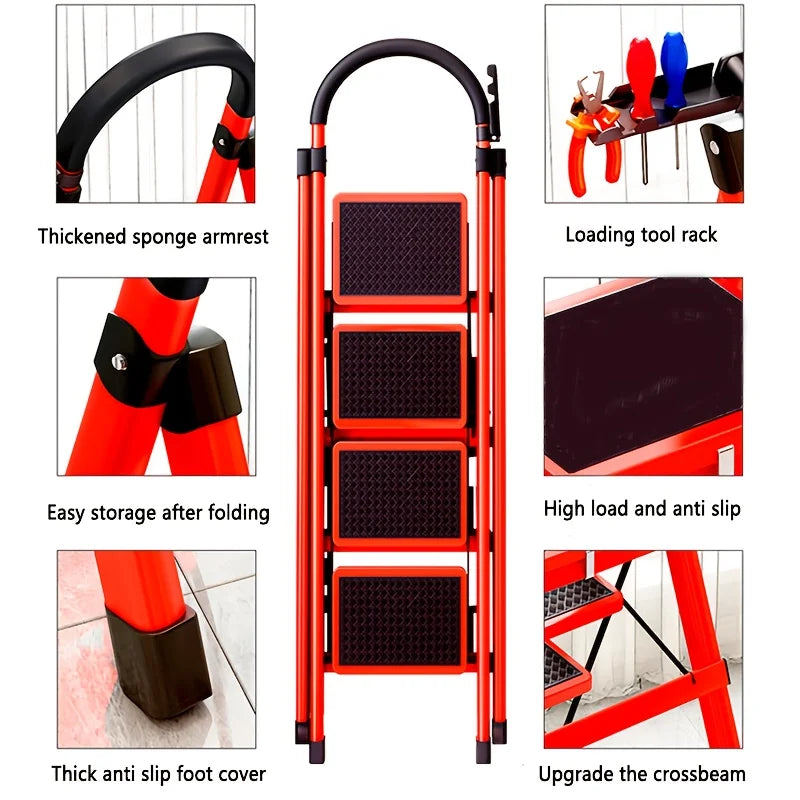 Premium Stainless Steel Foldable Step Ladder With Tool Holder