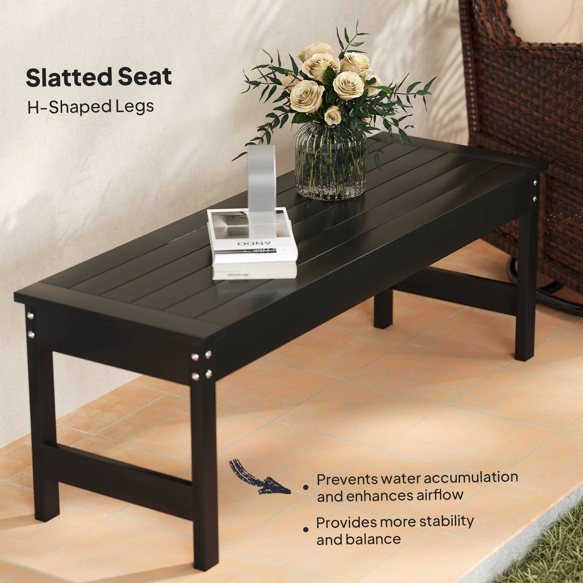 Outsunny HDPE Outdoor Bench Backless Slatted Garden Seat Metal Frame