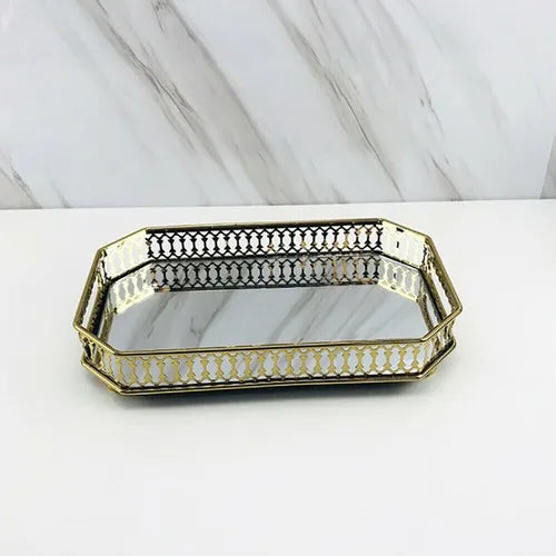 Decorative Glass Top Metal Vanity Tray For Makeup Jewelry Storage