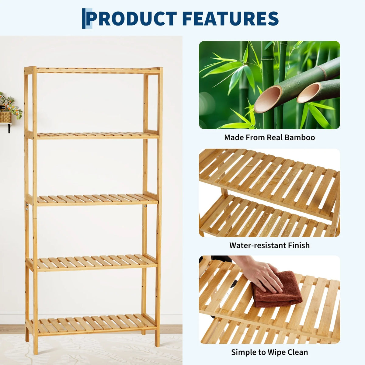 HiMiss Five Tier Bamboo Bathroom Shelf With Slatted Storage Rack