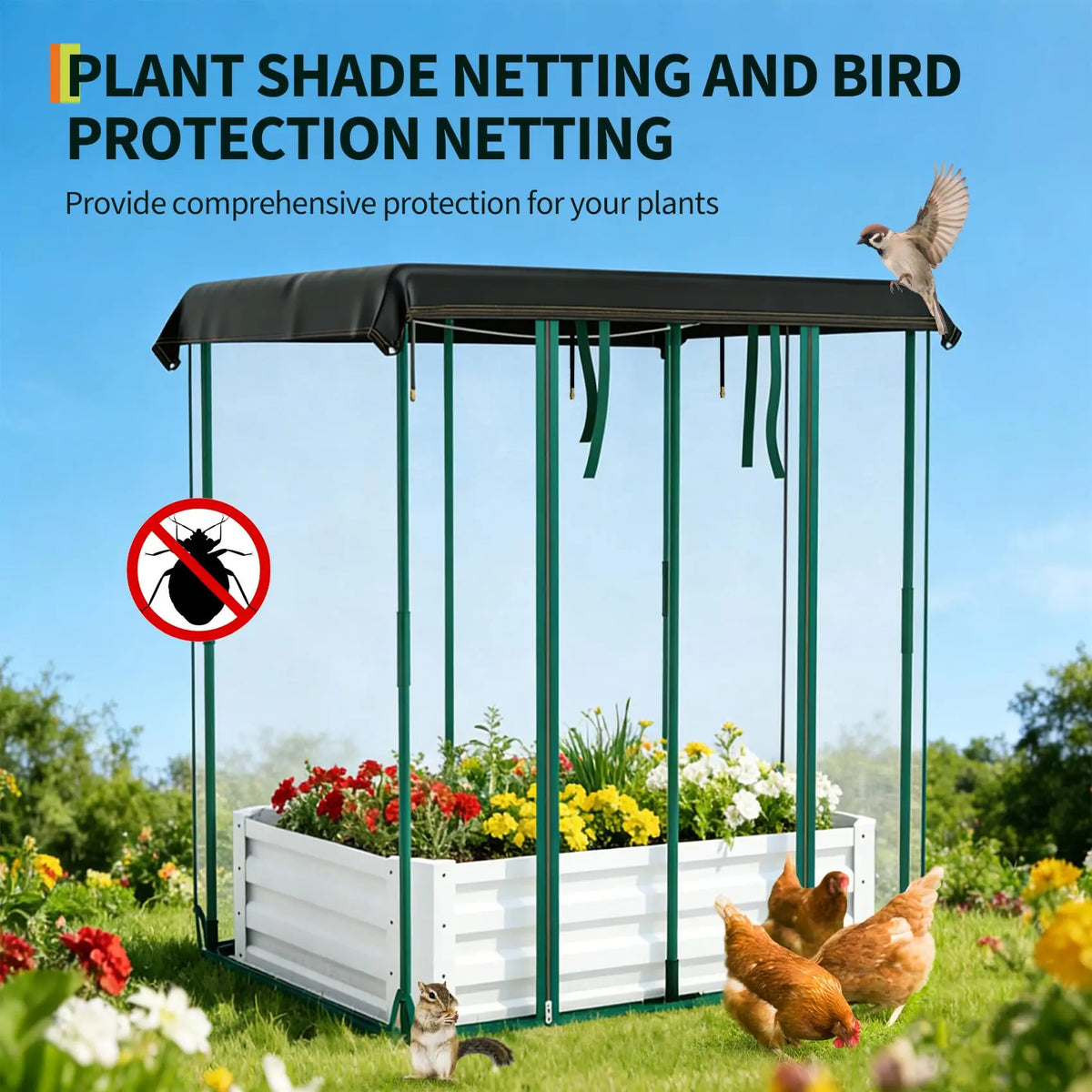 HiMISS 3In1 Galvanized Metal Raised Garden Bed Drip Irrigation Net