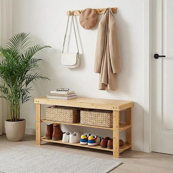 HiMISS 3 Tier Bamboo Shoe Storage Bench For Entryway
