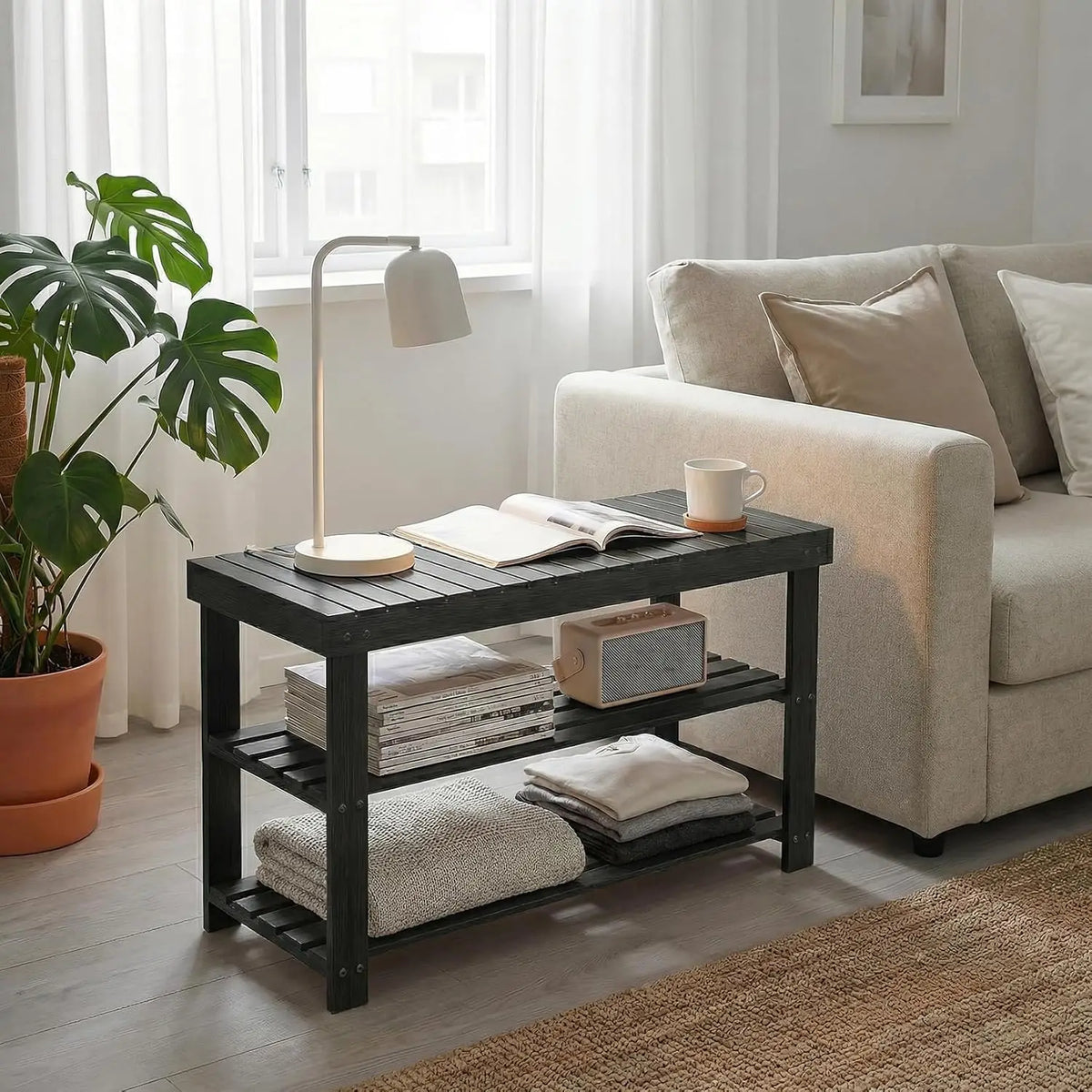 HiMISS 3 Tier Bamboo Shoe Storage Bench For Entryway