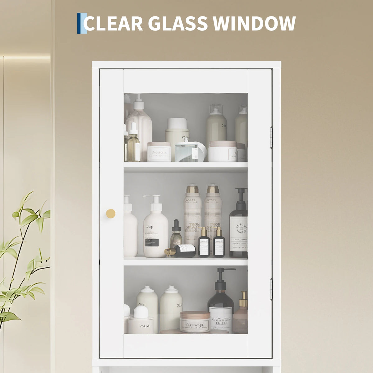 HOSSLLY Slim Bathroom Storage Cabinet With Glass Doors And Shelves