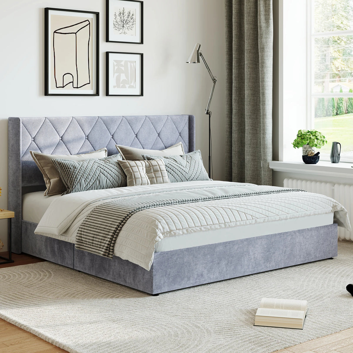 JHK Modern Hydraulic Storage Bed Frame With Wingback Headboard