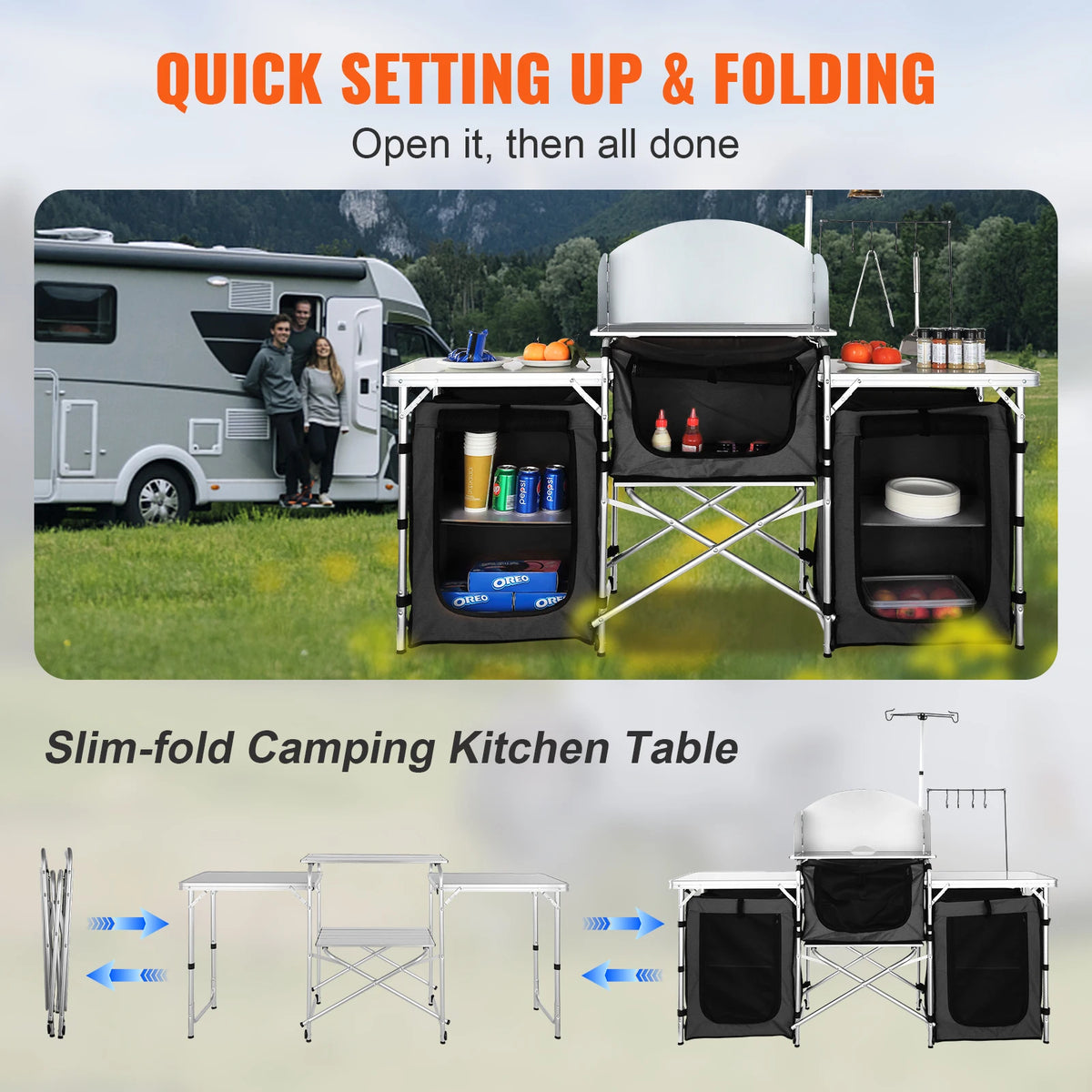 SucceBuy Portable Folding Camping Kitchen Table With Storage Rack