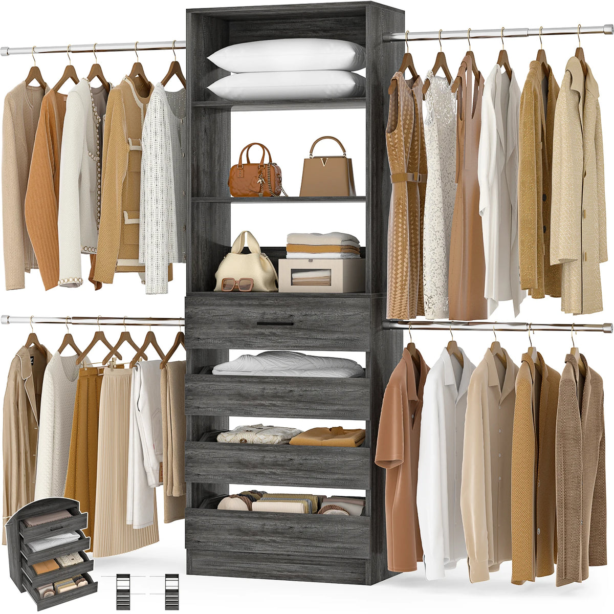 Aheaplus Modern Four Drawer Closet Organizer With Hanging Rods