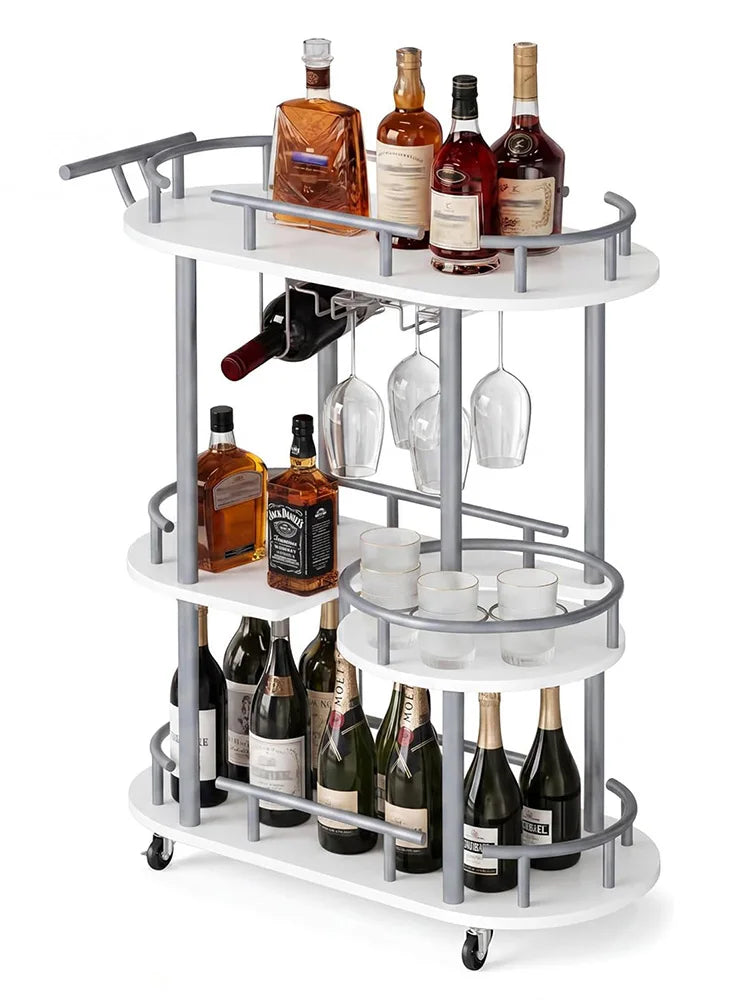 HiMISS 3 Tier Metal Rolling Bar Cart With Wine Rack Holder