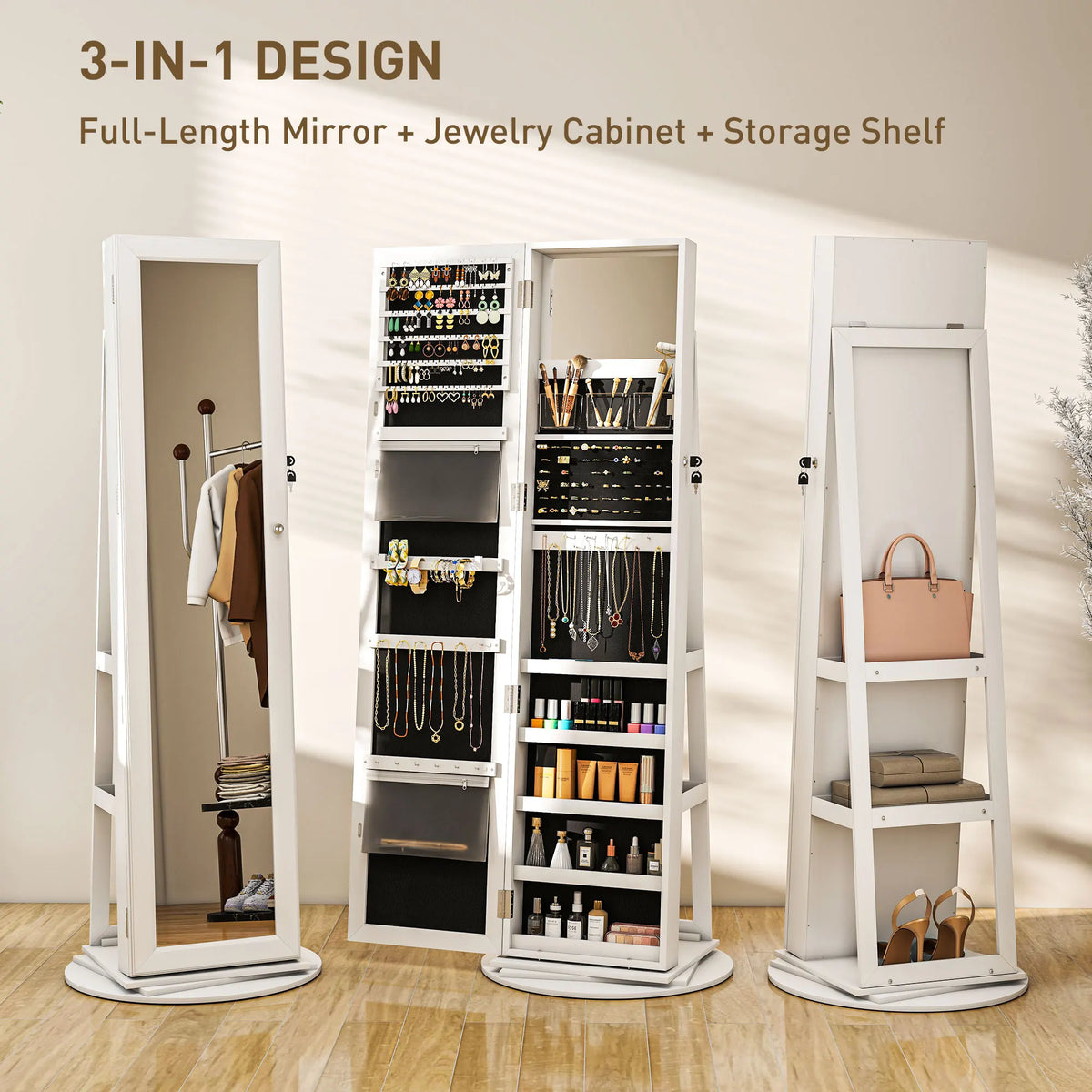 Homcom Lockable Swivel Jewelry Cabinet With Mirror And Shelves