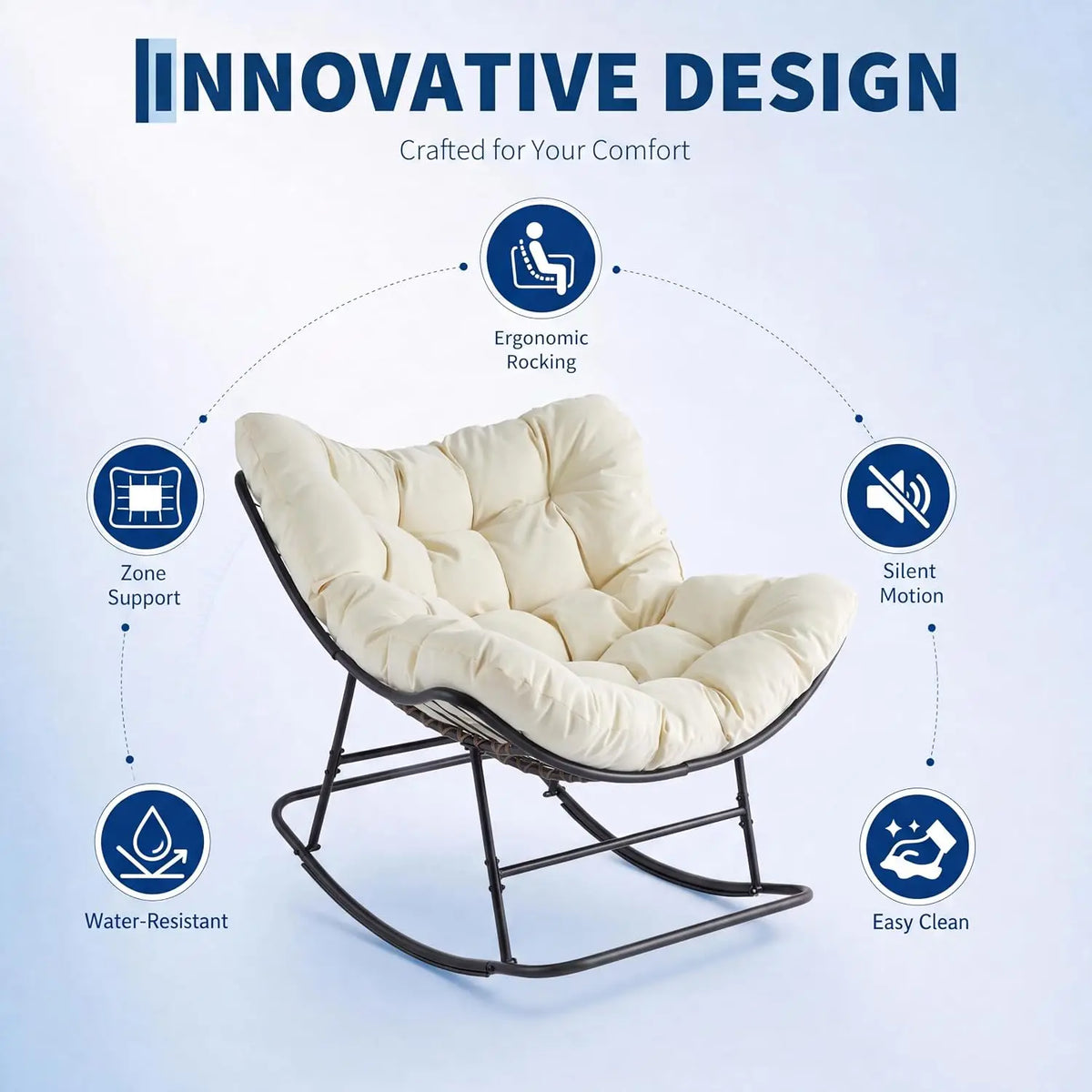 Tacieekii outdoor egg rocking chair with thick cushion metal frame