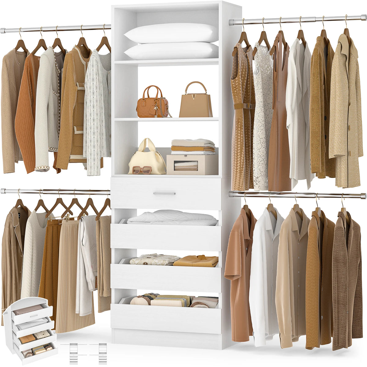 Aheaplus Modern Four Drawer Closet Organizer With Hanging Rods