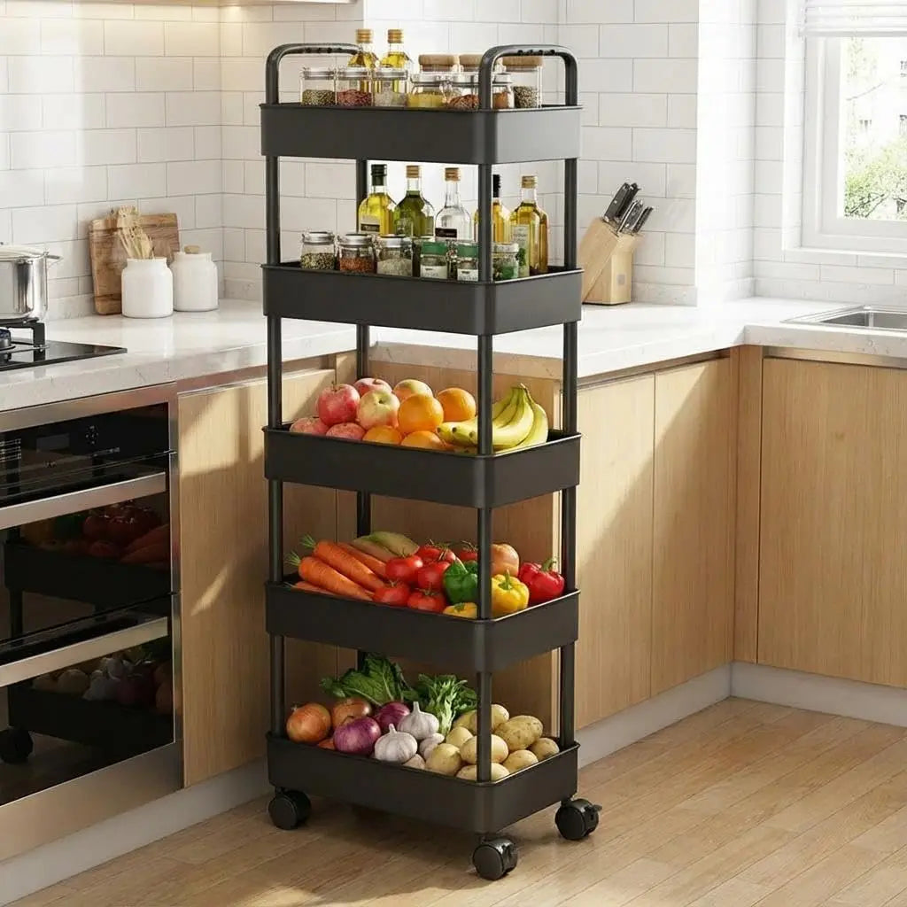 5 Tier Plastic Rolling Storage Cart With Handle For Kitchen