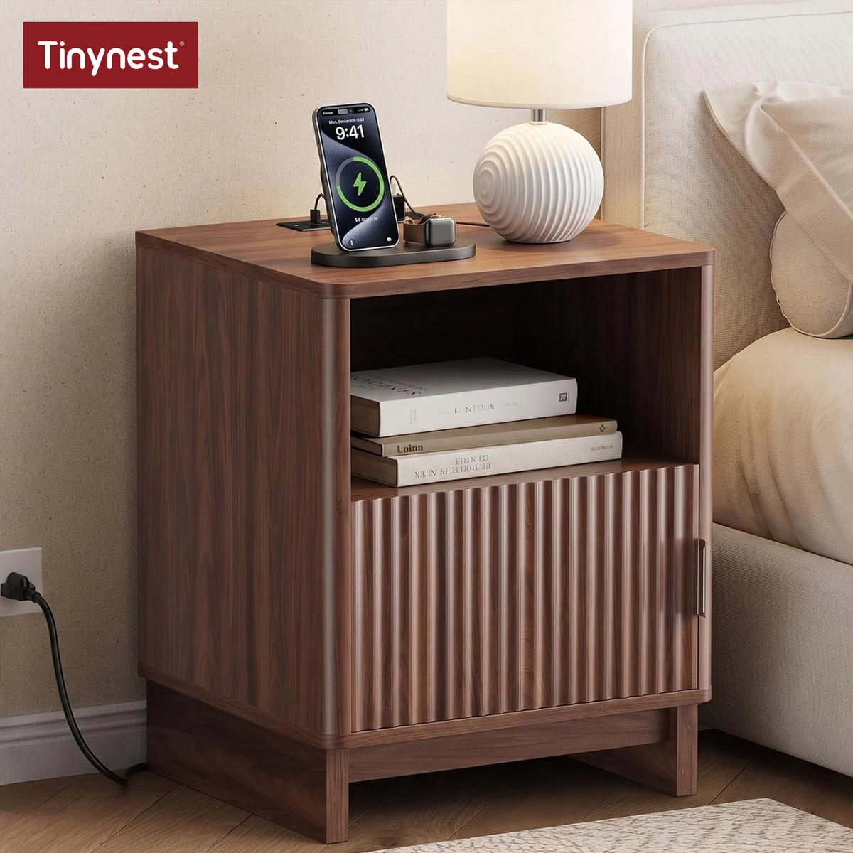 TinyNest Fluted Wood Nightstand With Charging Station