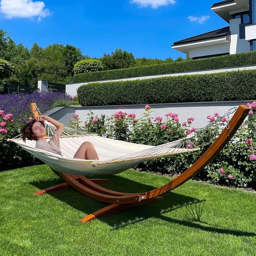 Heavy Duty Double Hammock With Wooden Stand For Patio Garden