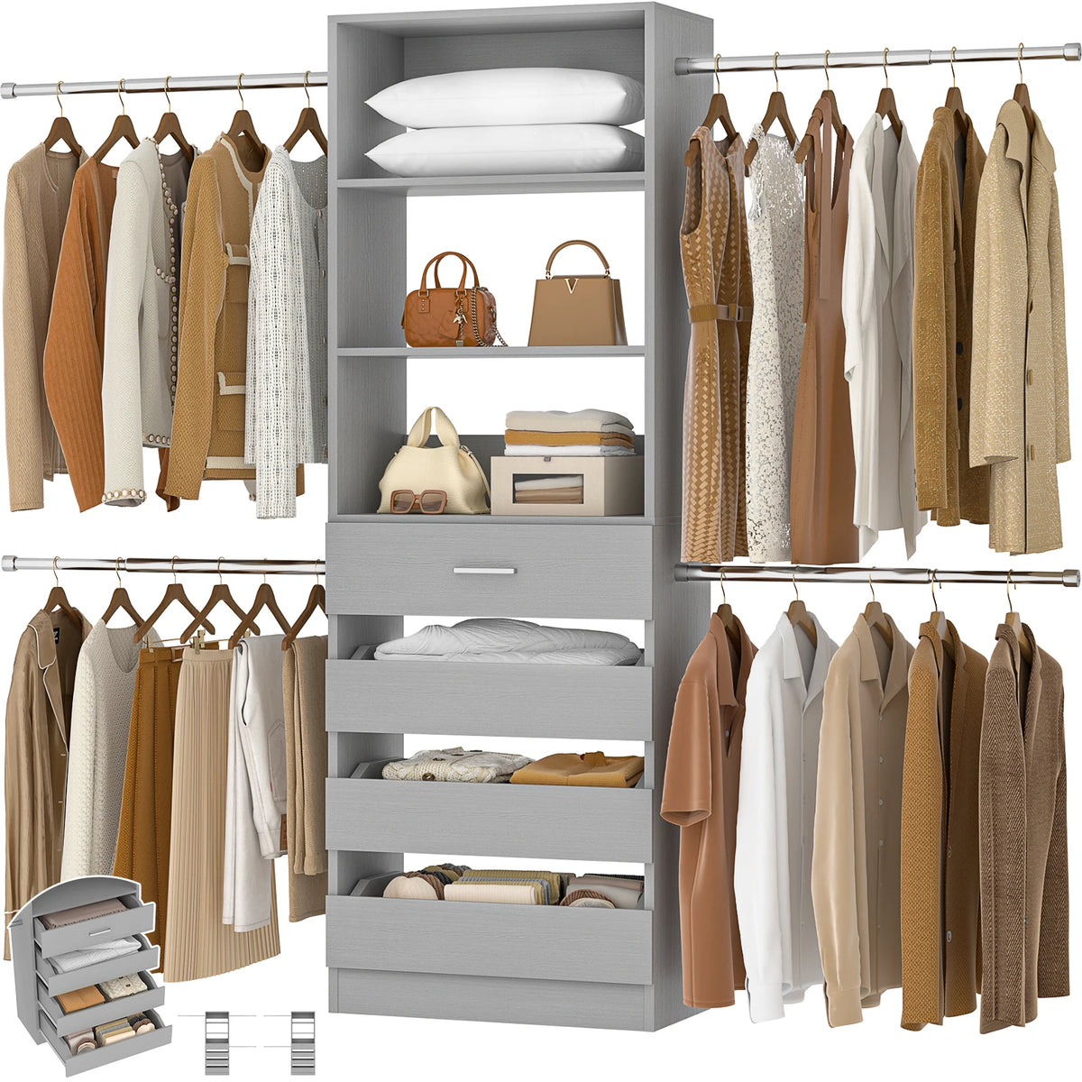 Aheaplus Modern Four Drawer Closet Organizer With Hanging Rods