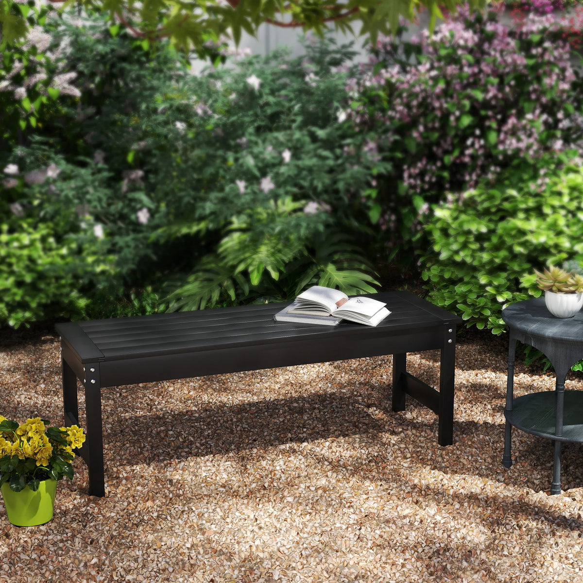 Outsunny HDPE Outdoor Bench Backless Slatted Garden Seat Metal Frame