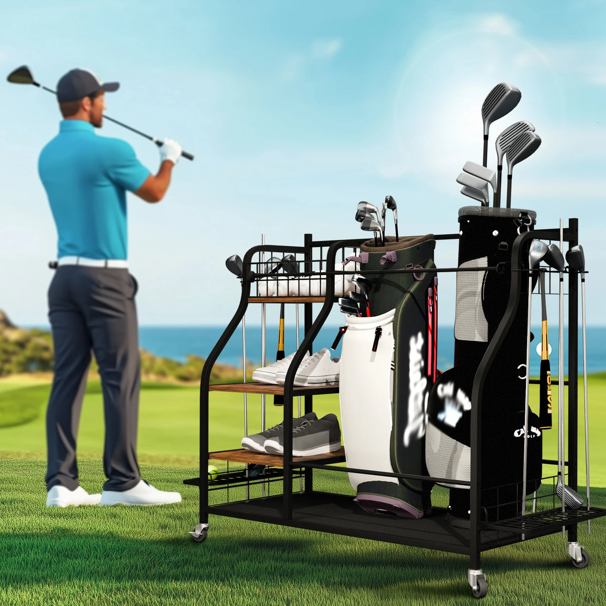 Multifunctional Rolling Metal Sports Equipment Storage Rack With Wheels