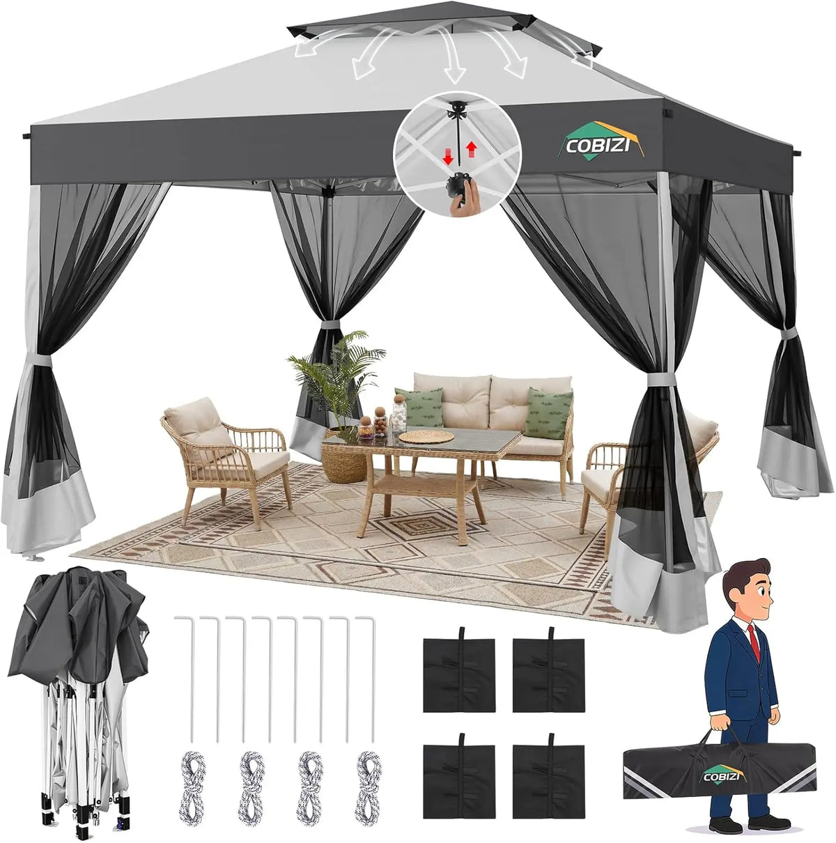One Push Pop Up Gazebo With Dual Vent Mosquito Netting