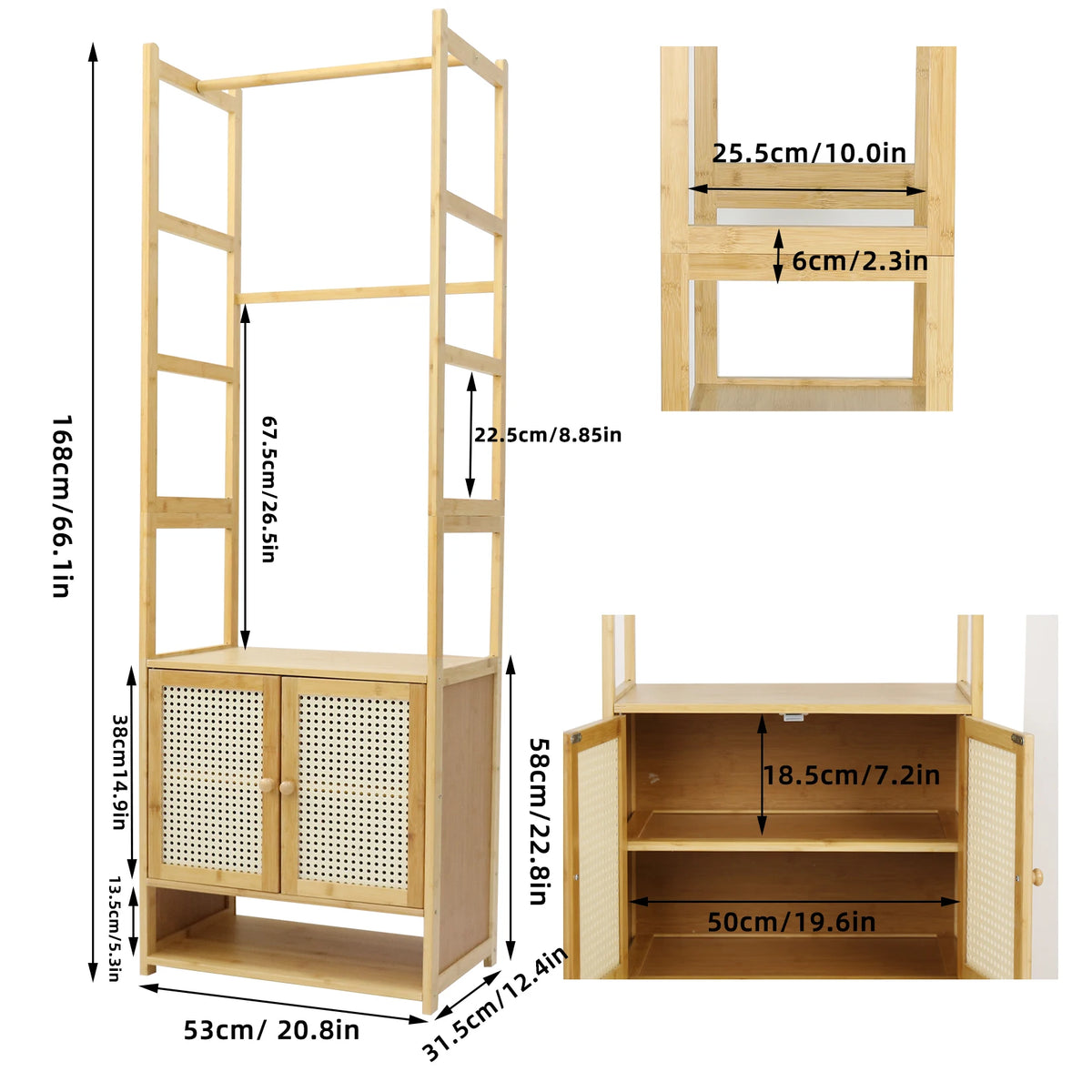 Free Standing Wooden Clothes Rack With Cabinet And Storage Shelves