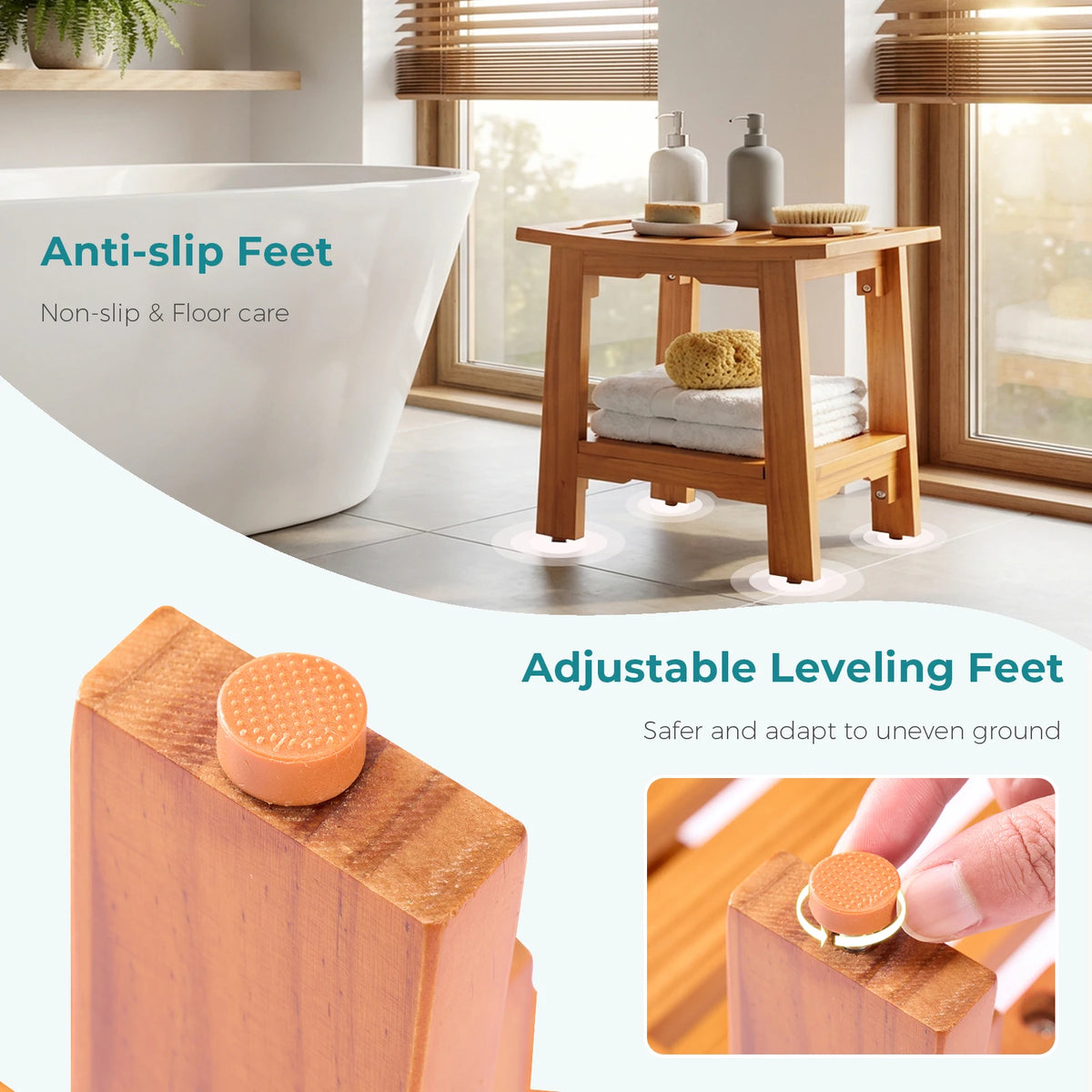 MCQ Wooden Shower Bench With Storage Shelf Waterproof Bathroom Seat