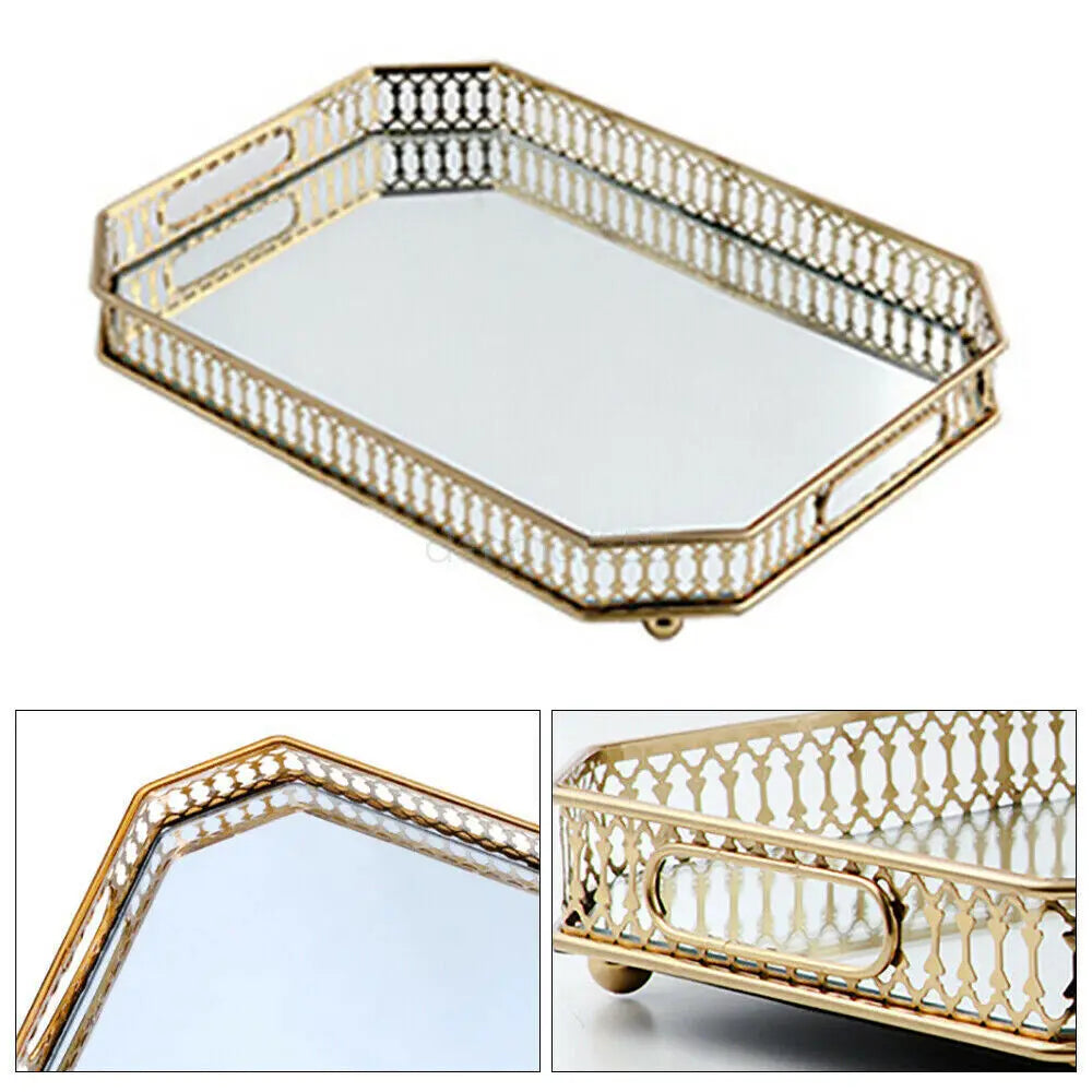 Decorative Glass Top Metal Vanity Tray For Makeup Jewelry Storage