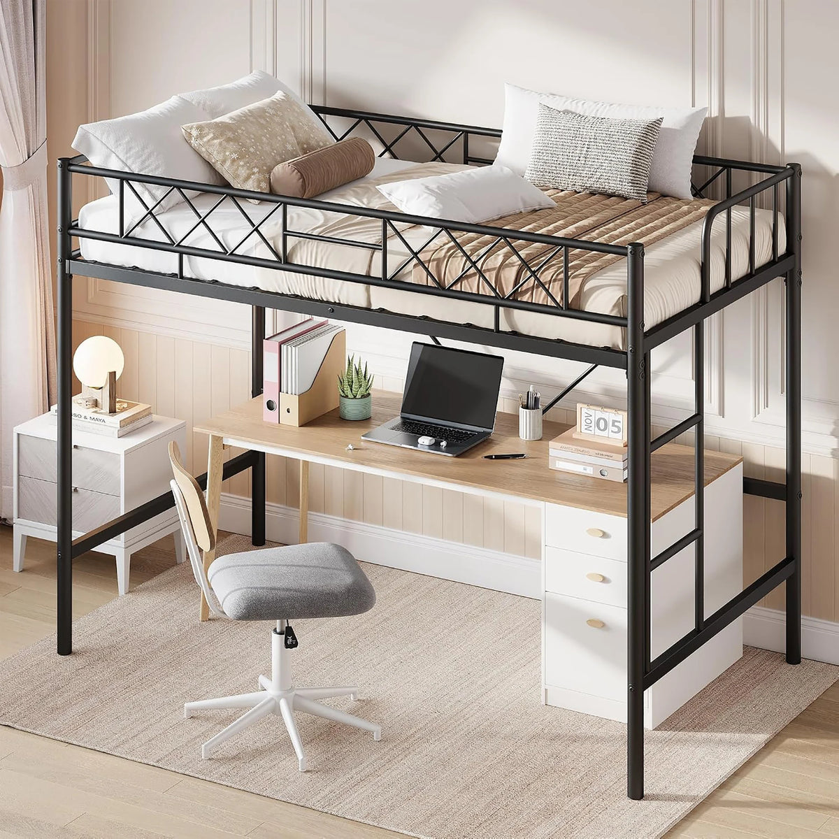 HiMISS Metal Loft Bed Frame With Arched Guardrail Steel Slats