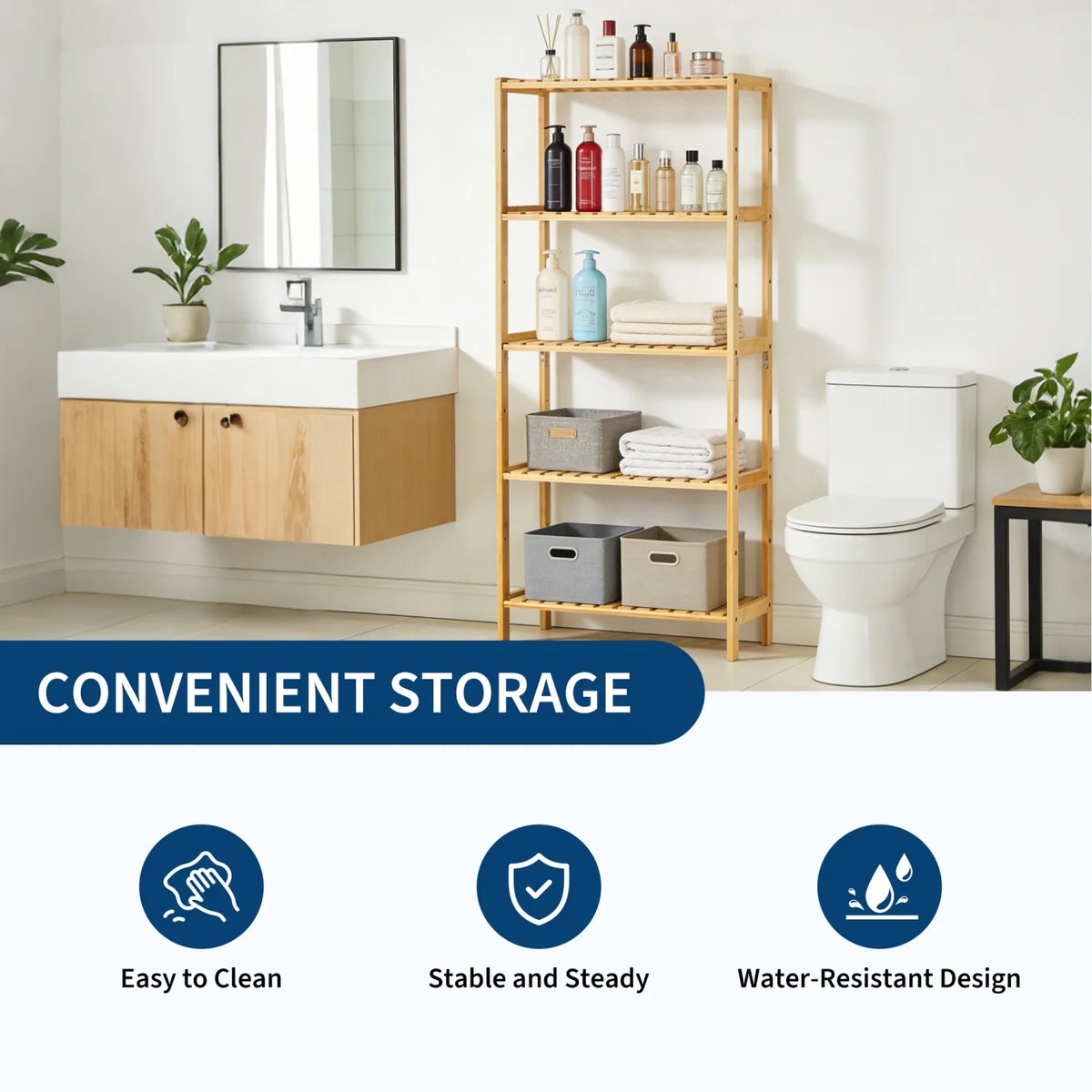 HiMiss Five Tier Bamboo Bathroom Shelf With Slatted Storage Rack