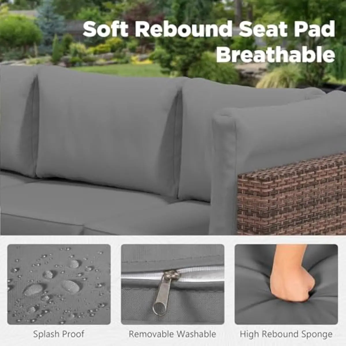 Modern Outdoor PE Rattan Sectional Set Glass Table Removable Cushions
