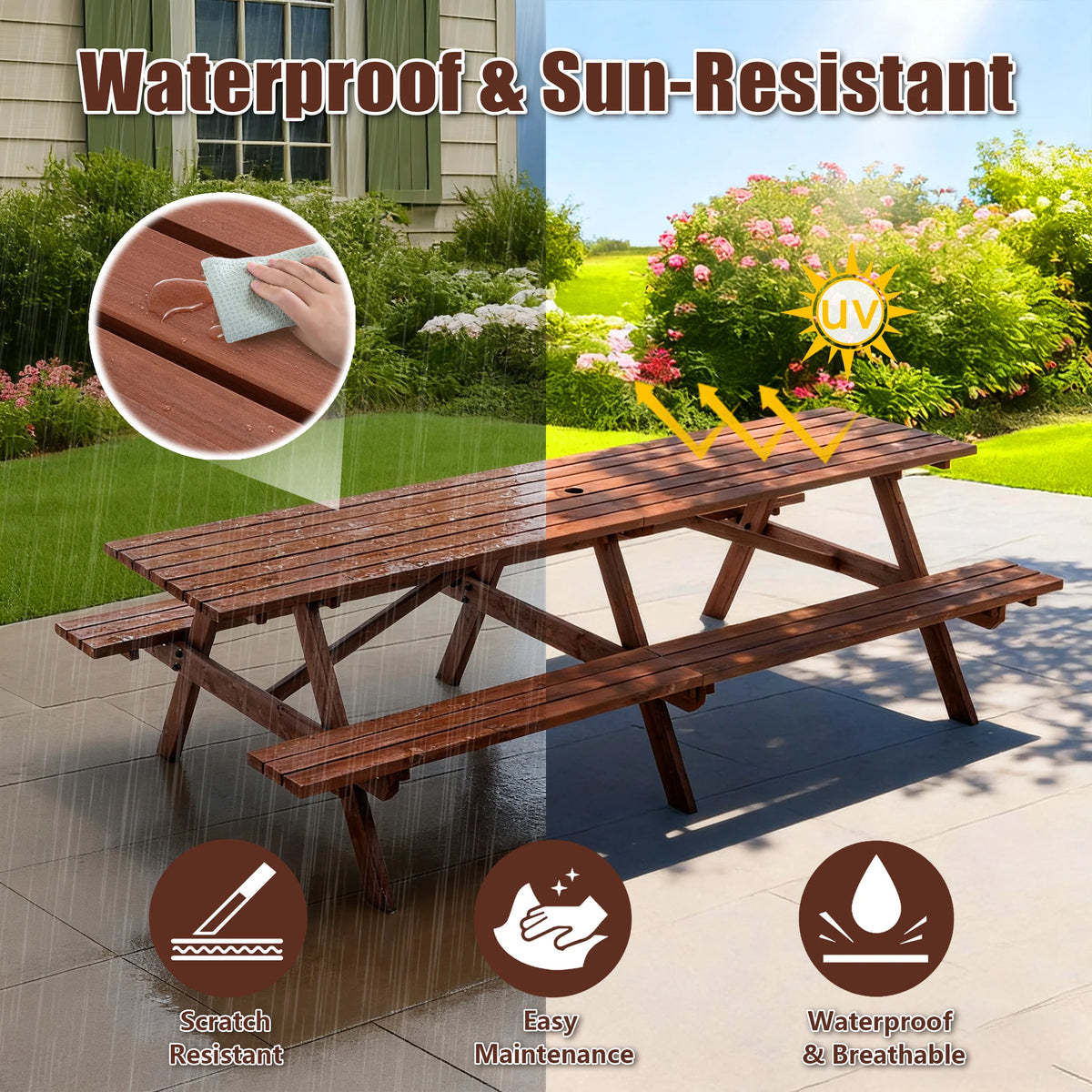 Premium Solid Hardwood Outdoor Picnic Table With Built In Benches