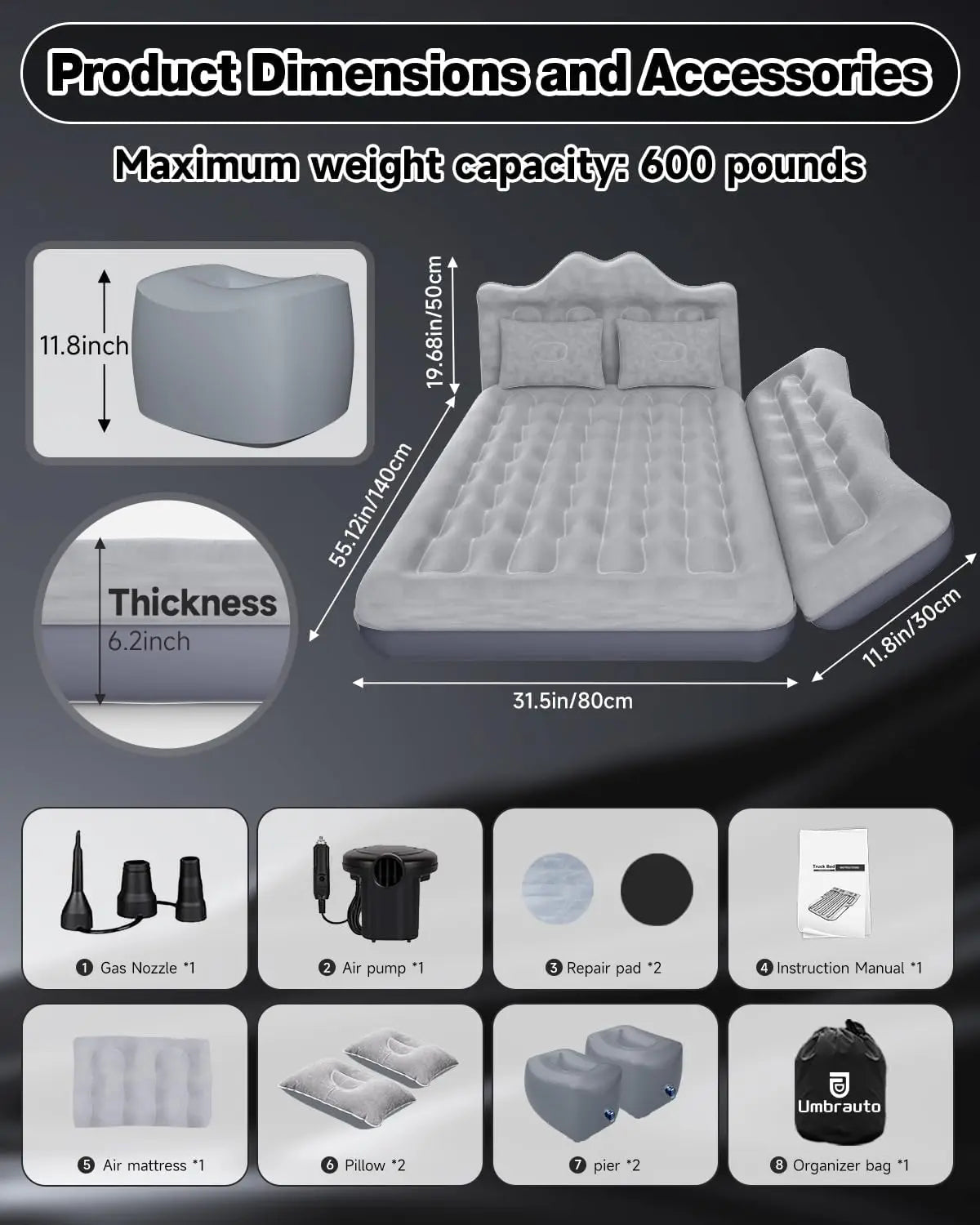 Umbrauto Inflatable Car Air Mattress With Pump For SUV Camping