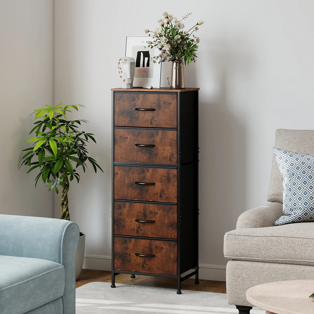JHK Modern Five Drawer Fabric Storage Cabinet With Steel Frame