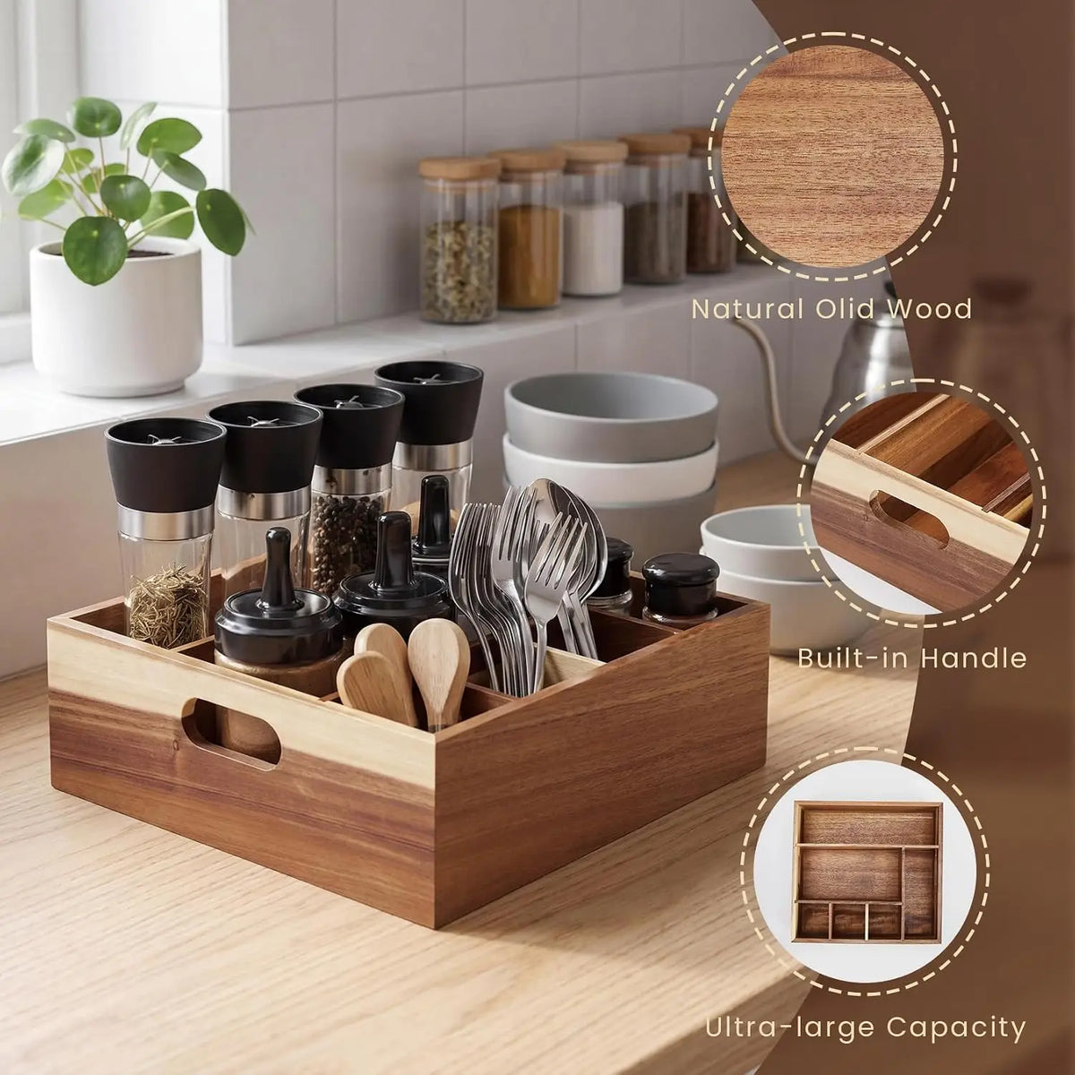 Garvee Multi Compartment Wooden Utensil Holder Caddy With Handles